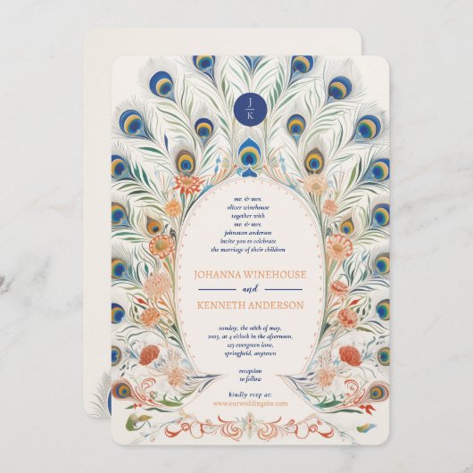 ヴィンテージ孔雀フレーム |モノグラム結婚ズ 招待状 (正面/裏面)