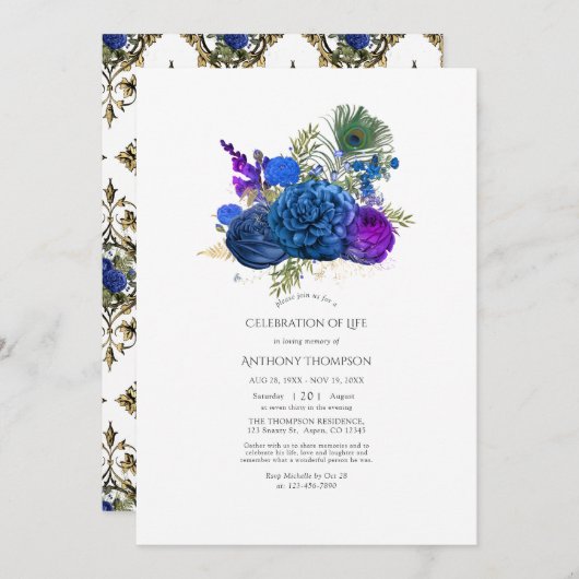 ヴィンテージ孔雀フローラお祝いの生活 招待状 (正面/裏面)