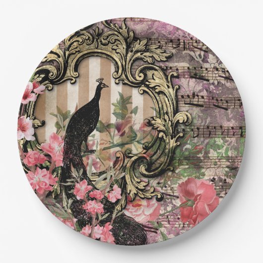 ヴィンテージ孔雀フローラミュージカルノートピンクと金ゴールド ペーパープレート (正面)