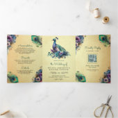 ヴィンテージ孔雀フローラ羽QRコード結婚ズ 三つ折り招待状 (内部)