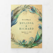 ヴィンテージ孔雀フローラ羽QRコード結婚ズ 三つ折り招待状 (カバー)