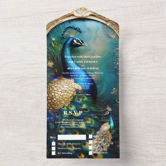 ヴィンテージ孔雀ラグジュアリーアールヌーボーエレガント鳥 オールインワン招待状 (内側)