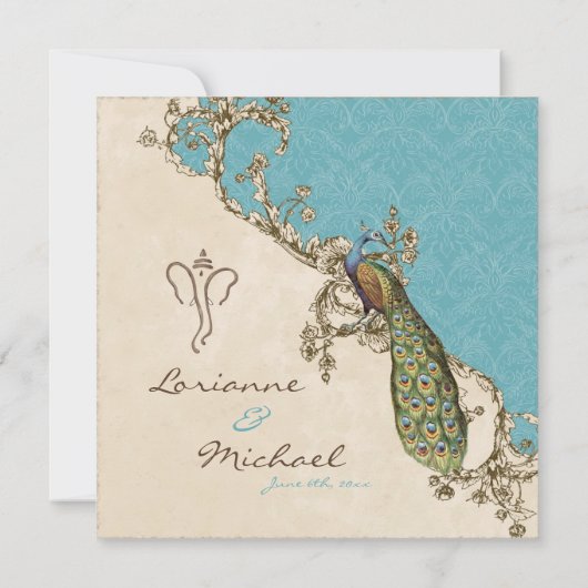 ヴィンテージ孔雀&エッチンヒンドゥー式結婚式の招待 招待状 (裏面)