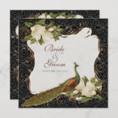 ヴィンテージ孔雀&マグノリア渦巻き旋回ウェディング招待 招待状 (正面/裏面)