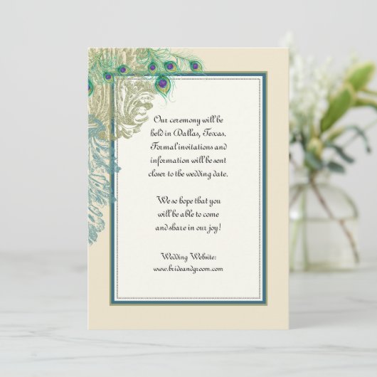 ヴィンテージ孔雀、羽毛のエッチング日付を保存 セーブザデート (スタンド正面)