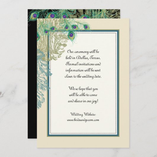 ヴィンテージ孔雀、羽毛のエッチング日付を保存 セーブザデート (正面/裏面)