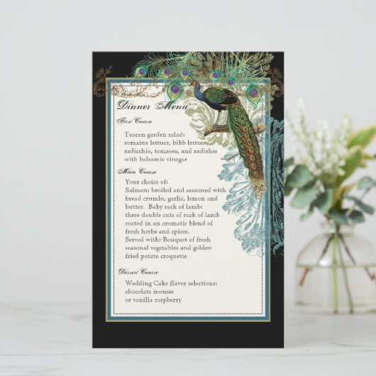 ヴィンテージ孔雀、羽毛、ディナーメニューシート (スタンド正面)