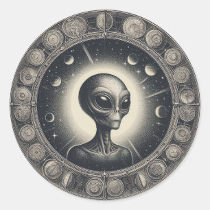 ヴィンテージ宇宙エイリアンSci FiイラストレーションUFO ラウンドシール
