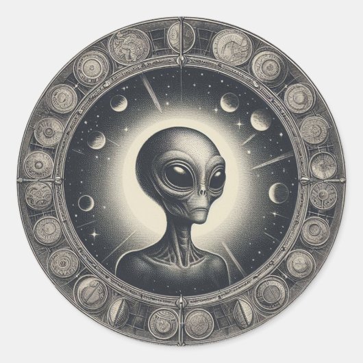ヴィンテージ宇宙エイリアンSci FiイラストレーションUFO ラウンドシール (正面)