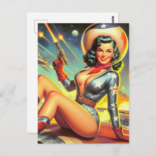ヴィンテージ宇宙女性のカーボーイのピン留め ポストカード (正面/裏面)