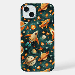 ヴィンテージ宇宙船ロケットシップパターン -コスモス(3) iPhone 15 PLUSケース
