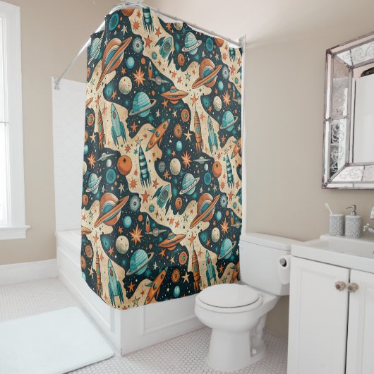 ヴィンテージ宇宙船ロケット船パターン – コスモス(4) シャワーカーテン (インサイチュ)