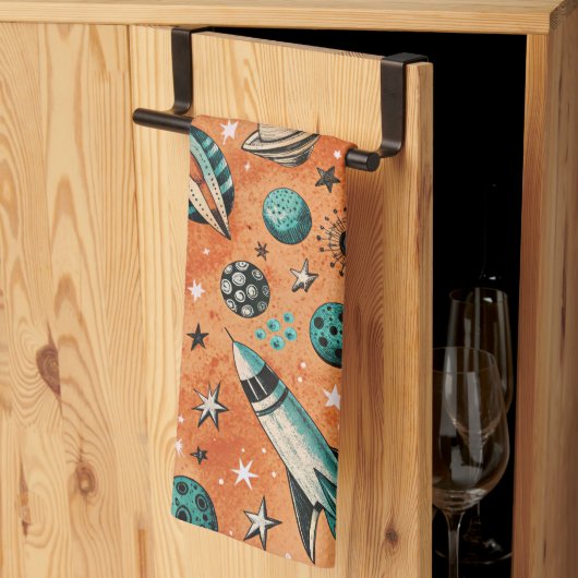 ヴィンテージ宇宙船ロケット船パターン – コスモス(5) キッチンタオル (三つ折り)