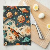 ヴィンテージ宇宙船ロケット船パターン – コスモス(6) キッチンタオル (四つ折り)