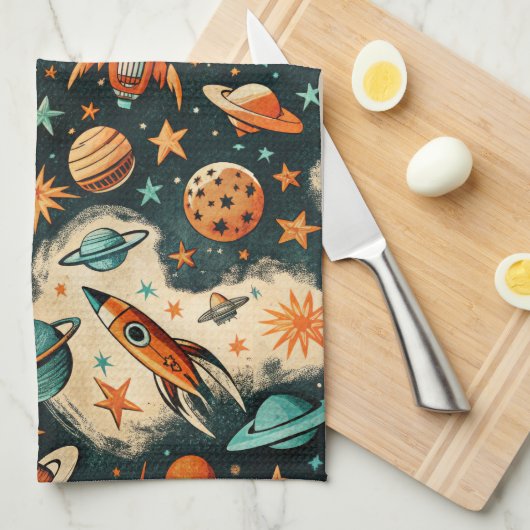 ヴィンテージ宇宙船ロケット船パターン – コスモス(6) キッチンタオル (四つ折り)
