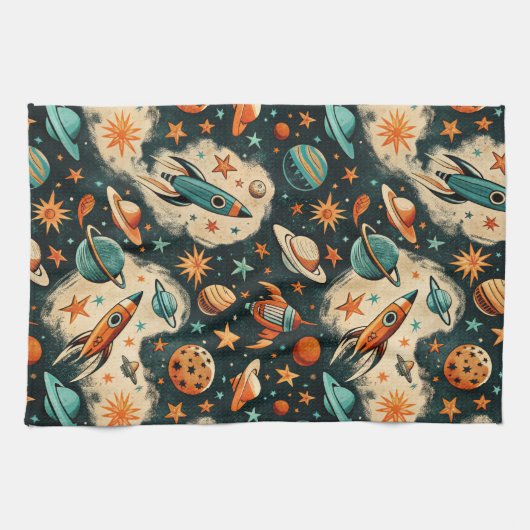 ヴィンテージ宇宙船ロケット船パターン – コスモス(6) キッチンタオル (横)
