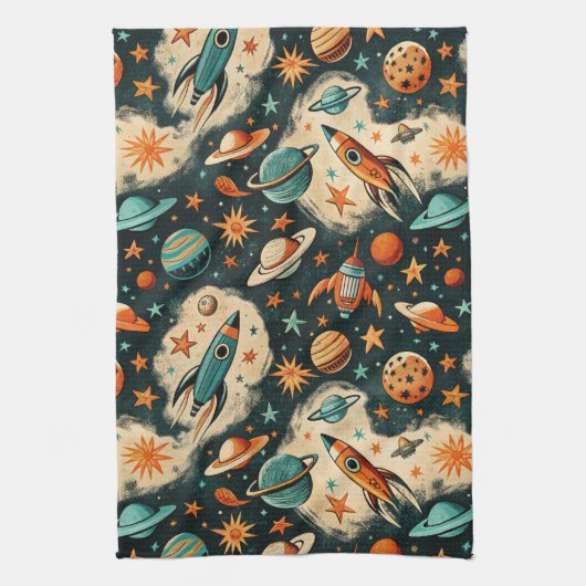 ヴィンテージ宇宙船ロケット船パターン – コスモス(6) キッチンタオル (縦)