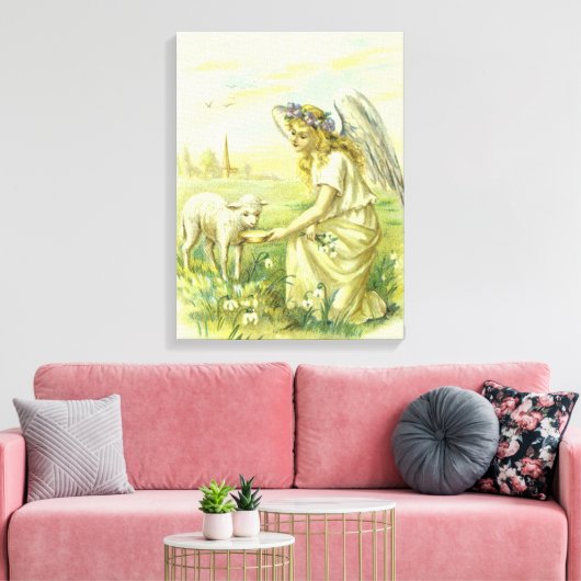 ヴィンテージ宗教ビクトリアン復活祭天使と子羊 キャンバスプリント (インサイチュ (リビング))