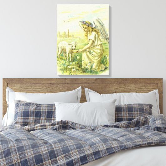 ヴィンテージ宗教ビクトリアン復活祭天使と子羊 キャンバスプリント (インサイチュ (寝室))