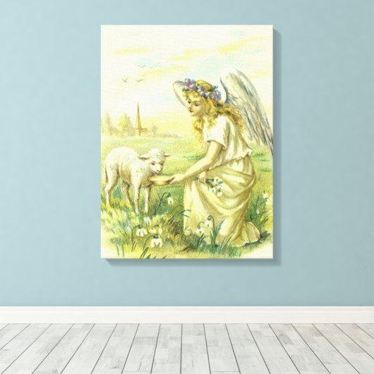 ヴィンテージ宗教ビクトリアン復活祭天使と子羊 キャンバスプリント (インサイチュ (ウッドフロア))