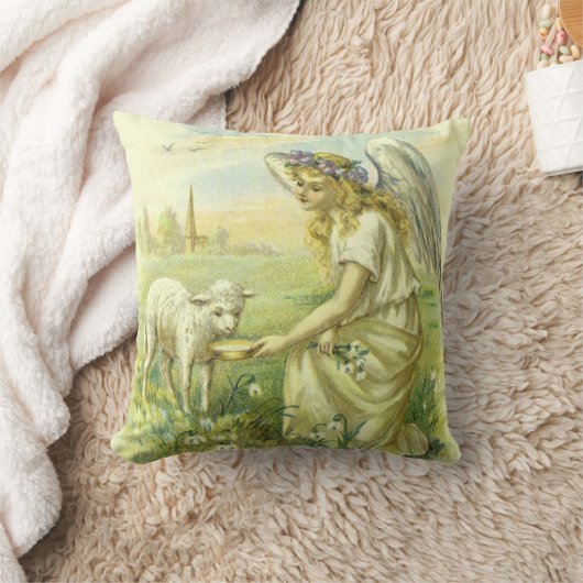 ヴィンテージ宗教ビクトリアン復活祭天使と子羊 クッション (ブランケット)