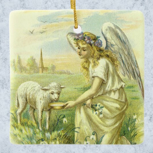 ヴィンテージ宗教ビクトリアン復活祭天使と子羊 セラミックオーナメント