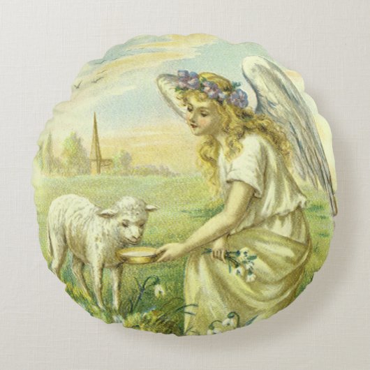 ヴィンテージ宗教ビクトリアン復活祭天使と子羊 ラウンドクッション (正面)