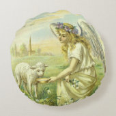 ヴィンテージ宗教ビクトリアン復活祭天使と子羊 ラウンドクッション (裏面)