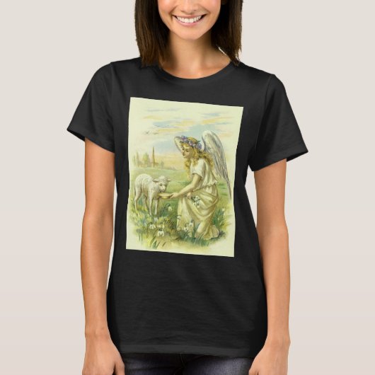 ヴィンテージ宗教ビクトリアン復活祭天使と子羊 Tシャツ (正面)
