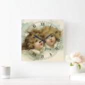 ヴィンテージ宗教ビクトリアン、天使たち スクエア壁時計 (ホーム)