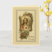 ヴィンテージ宗教的な聖なるハートイエス誕生日 カード (黄色い花)
