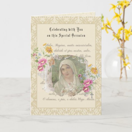 ヴィンテージ宗教的ヴァージンメアリーメモリアレ祈りの言葉カード カード (黄色い花)