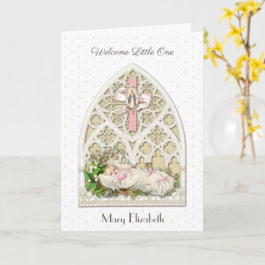 ヴィンテージ宗教的新生児ガールヴァージンメアリー カード (黄色い花)