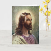 ヴィンテージ宗教的、ハローとイエスキリストポートレート カード (黄色い花)