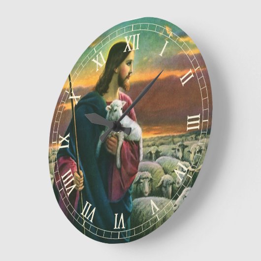 ヴィンテージ宗教、キリストの羊の群れ ラージ壁時計 (傾斜)