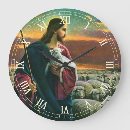 ヴィンテージ宗教、キリストの羊の群れ ラージ壁時計 (正面)