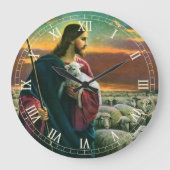 ヴィンテージ宗教、キリストは良い羊飼い、群れと共に ラージ壁時計 (正面)