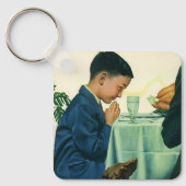 ヴィンテージ宗教、感謝祭にお祈りする少年 キーホルダー (正面)