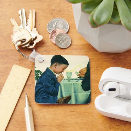 ヴィンテージ宗教、感謝祭にお祈りする少年 キーホルダー (デスク)