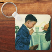 ヴィンテージ宗教、感謝祭にお祈りする少年 キーホルダー (正面)