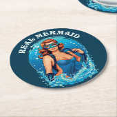 ヴィンテージ実在スタイルマーメイド – 女性スキューバダイバー ラウンドペーパーコースター (アングル)