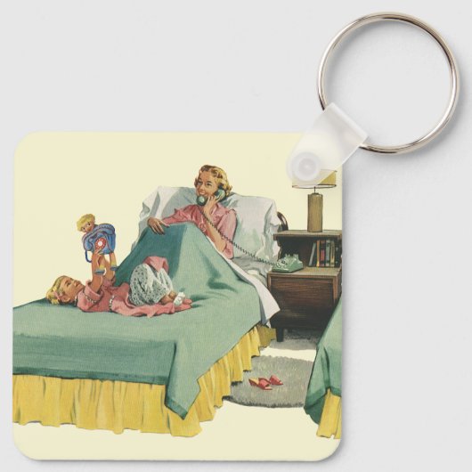 ヴィンテージ家族でお母さんにベッドで朝食をサービス キーホルダー (裏面)