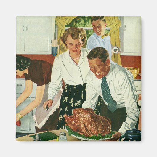 ヴィンテージ家族の料理の感謝祭の夕食の台所 マグネット (正面)