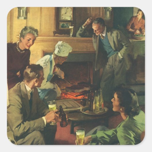 ヴィンテージ家族パーティー、ステーキを焼いてビールを飲む スクエアシール (正面)