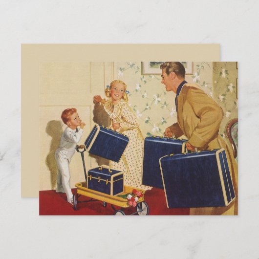 ヴィンテージ家族休暇、パパ、子供とスーツケース (正面/裏面)