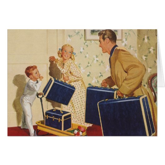 ヴィンテージ家族休暇、パパ、子供とスーツケース (正面横)