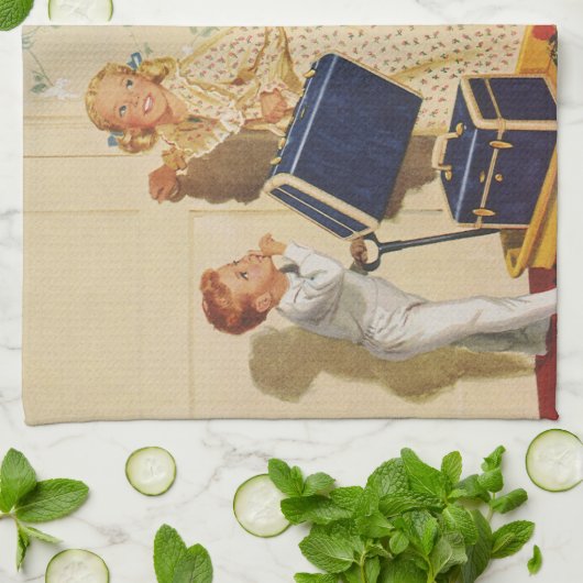 ヴィンテージ家族休暇、パパ、子供とスーツケース キッチンタオル (折り畳み)