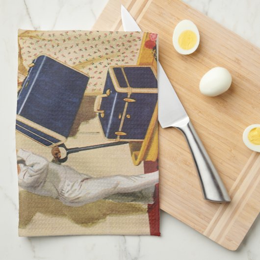 ヴィンテージ家族休暇、パパ、子供とスーツケース キッチンタオル (四つ折り)