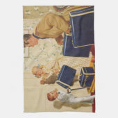 ヴィンテージ家族休暇、パパ、子供とスーツケース キッチンタオル (縦)