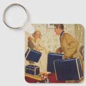 ヴィンテージ家族休暇、パパ、子供とスーツケース キーホルダー (正面)